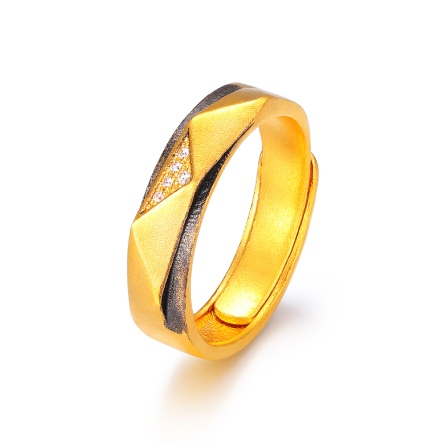 棱角光芒古法黑影金鑽石戒