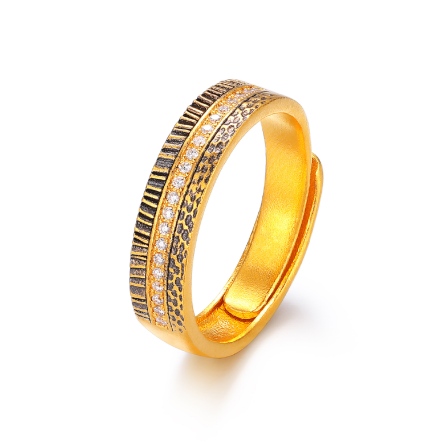 堆疊層次古法黑影金鑽石戒