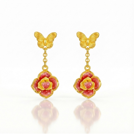 蝶舞玫瑰琺瑯耳環
