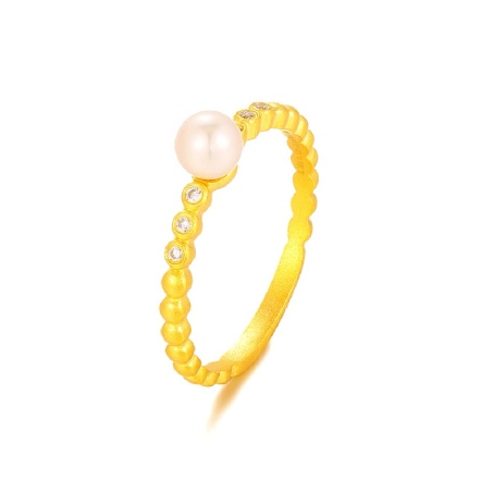 月牙吻古法金珍珠鑽石戒